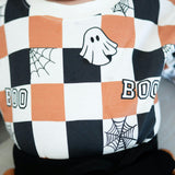 Boo Checkered Halloween Long Sleeve Romper