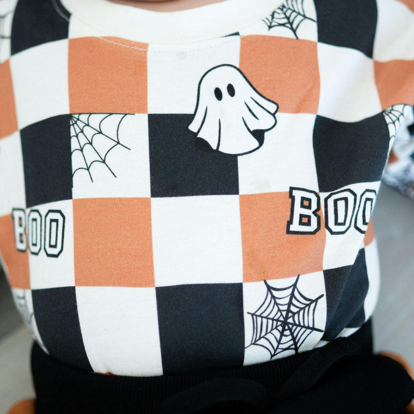 Boo Checkered Halloween Long Sleeve Romper
