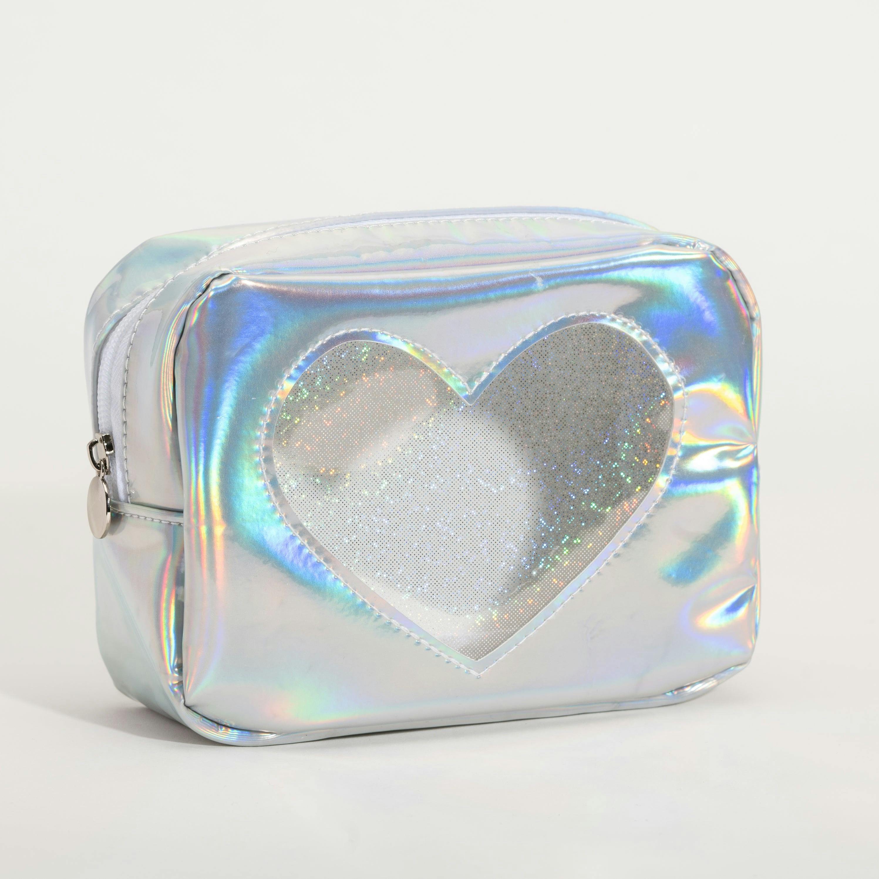 Holographic Glitter Heart Cosmetic Bag