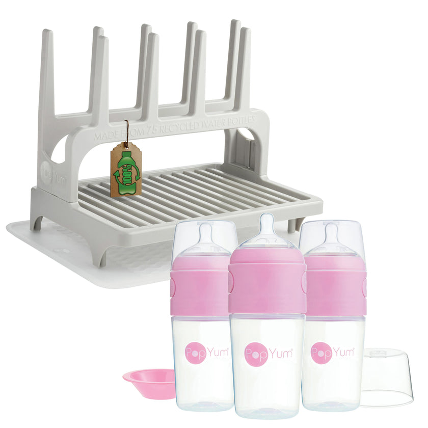 PopYum 9 oz Pink Formula Making Baby Bottle 3-Pk with Gray Drying Rack & Clear Drying Mat Bundle