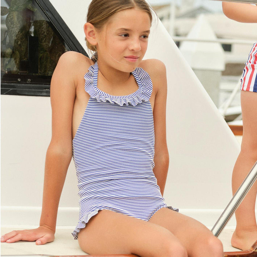 Girls Harbor Stripe Ruffle Halter One Piece
