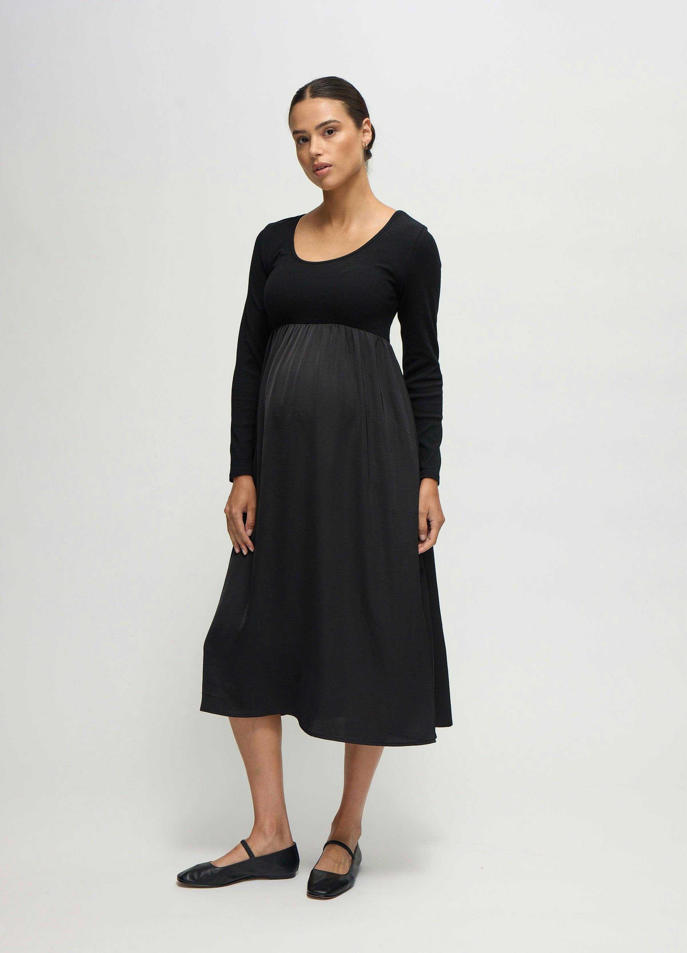 Long Sleeve Knit to Woven Maternity Nursing Midi Dress