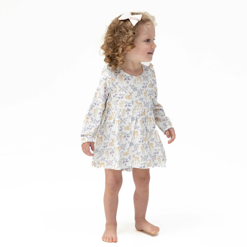 Floral Deer - Long Sleeve Ruffle Bodysuit Dress