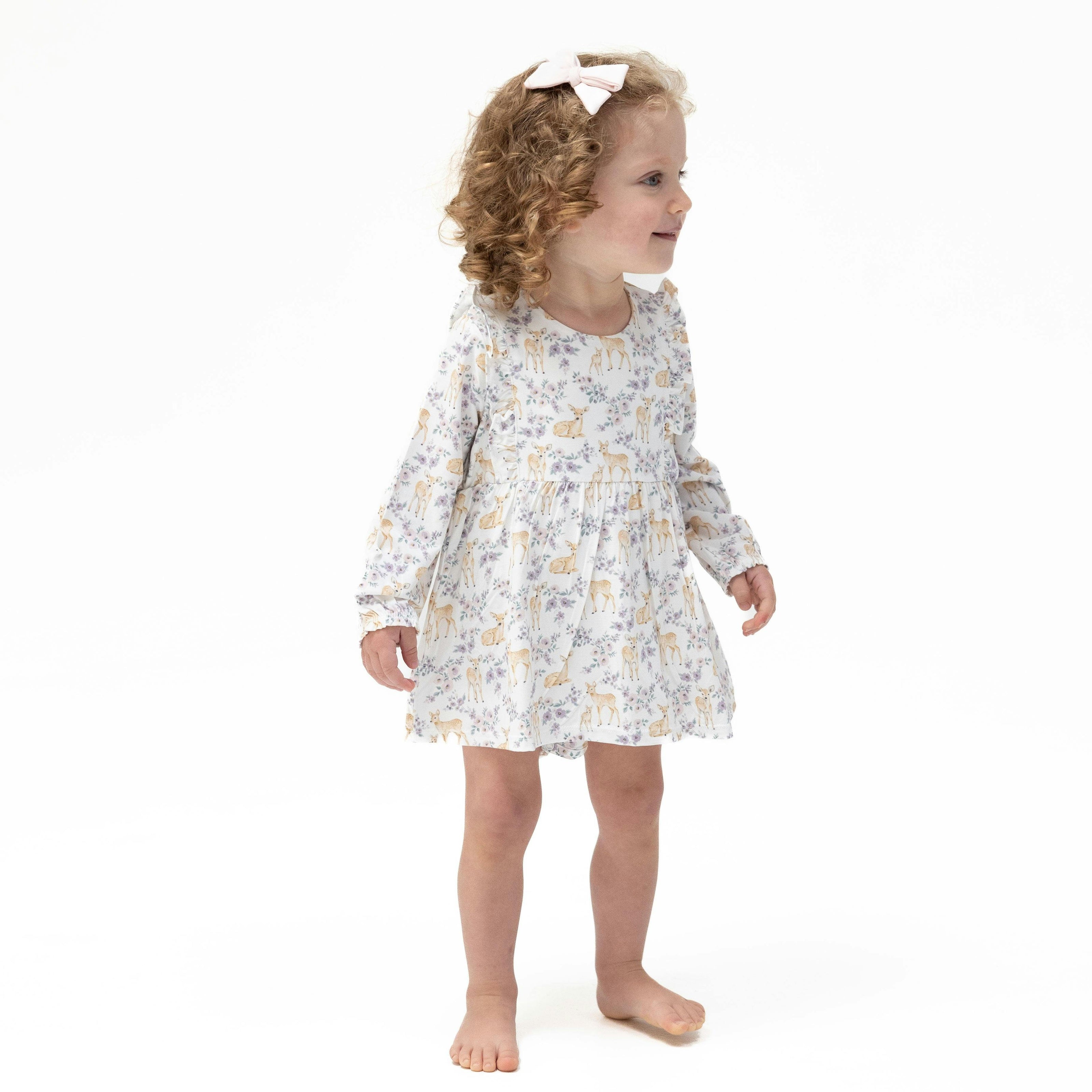 Floral Deer - Long Sleeve Ruffle Bodysuit Dress
