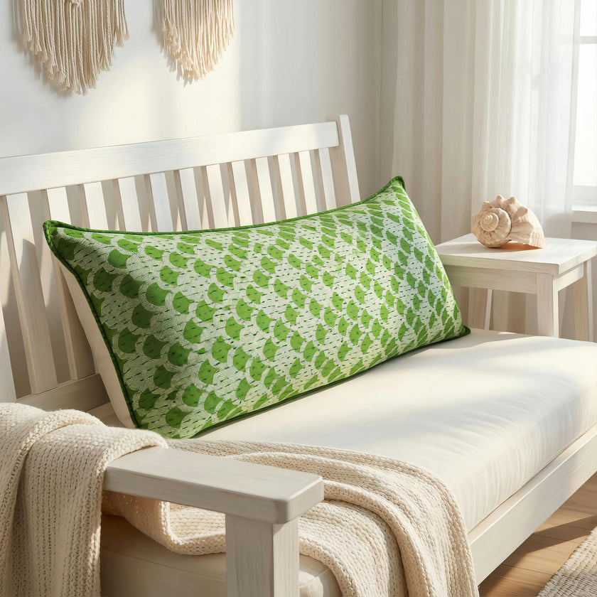 Artisan Hand Loomed Cotton Lumbar Pillow - Green Ginkgo - 16"x48"