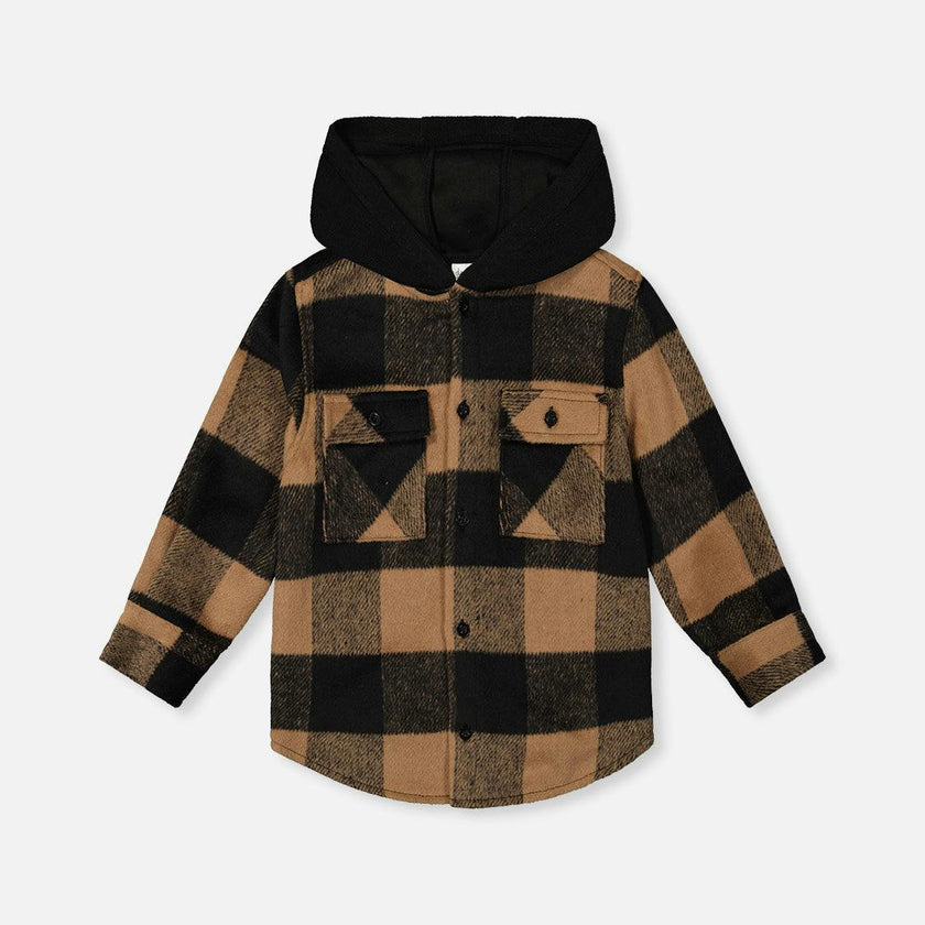 Flannel Shirt with Fleece Hood Brown and Black Plaid