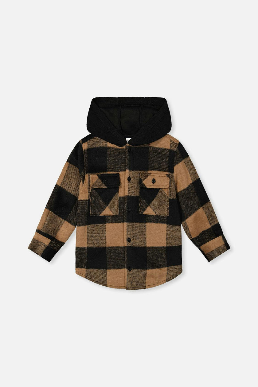 Flannel Shirt with Fleece Hood Brown and Black Plaid