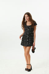 Zoe Black Dress With Silver Flowers Sequin Boucle Cap Sleeve
