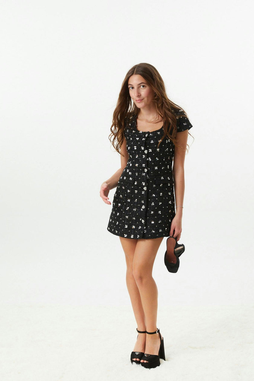 Zoe Black Dress With Silver Flowers Sequin Boucle Cap Sleeve