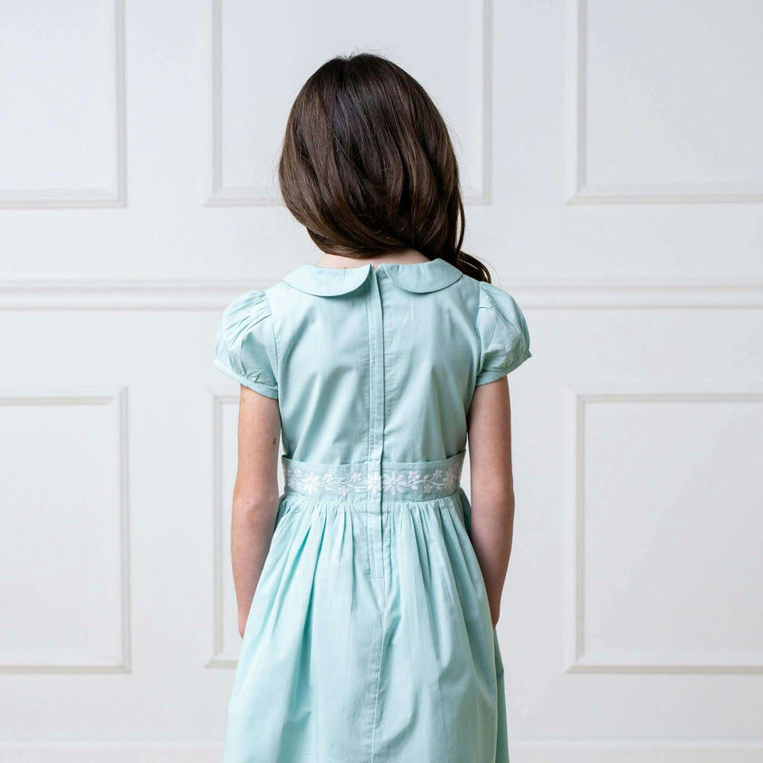 Organic Puff Sleeve Smocked Party Dress with Peter Pan Collar, Blue