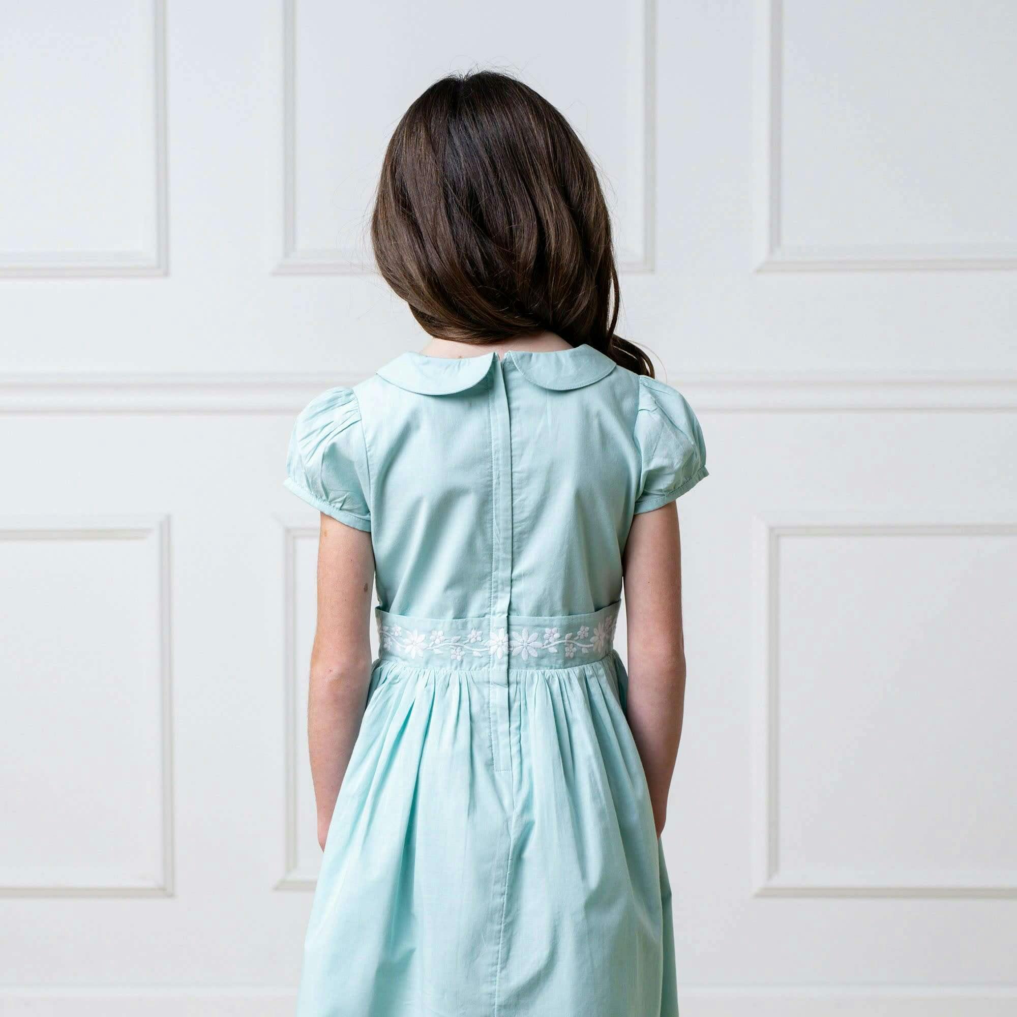 Organic Puff Sleeve Smocked Party Dress with Peter Pan Collar, Blue