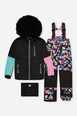 Two Piece Play Snowsuit Black, Blue And Pink Colorblock With Heart Print Pants