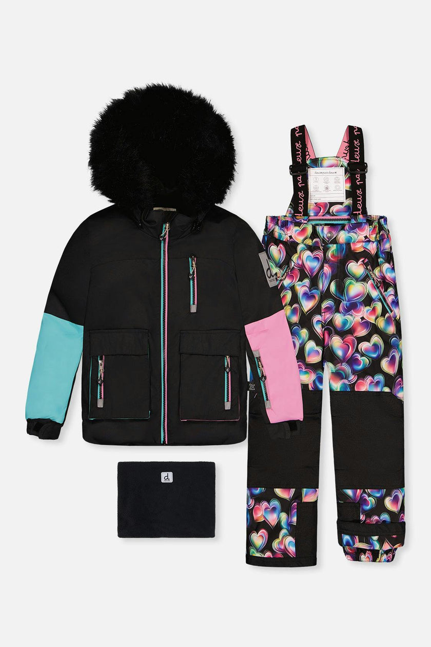 Two Piece Play Snowsuit Black, Blue And Pink Colorblock With Heart Print Pants