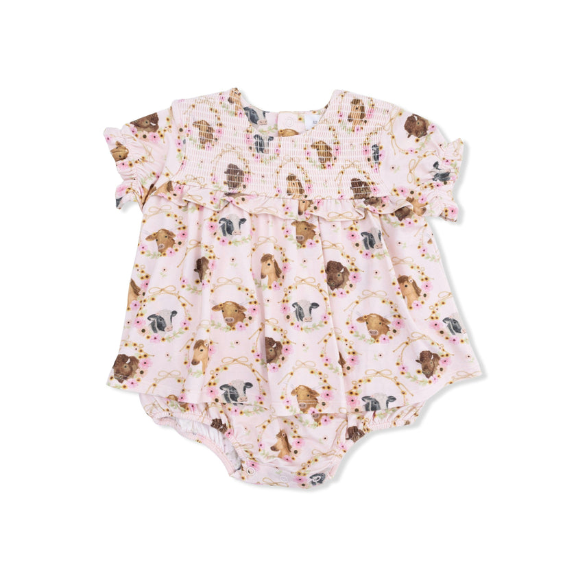 Farm Animals Floral Cameos Pink - Smocked Ruffle Bubble with Skirt
