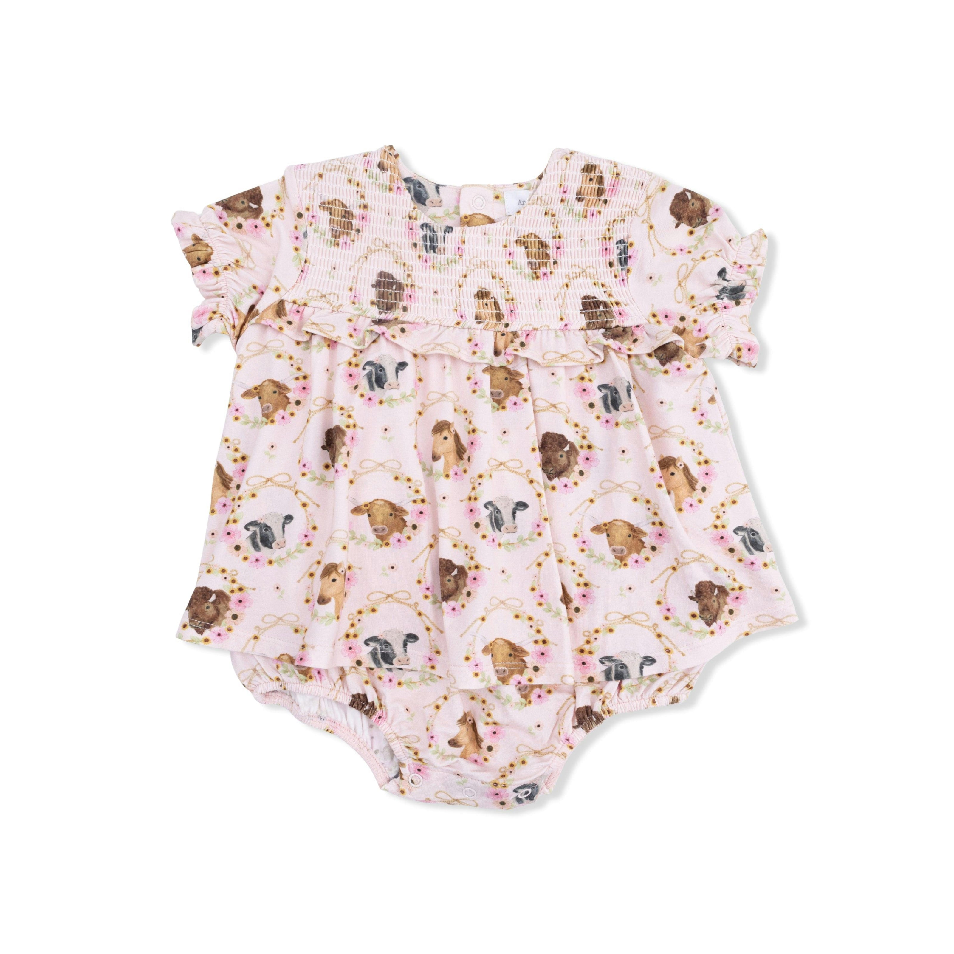 Farm Animals Floral Cameos Pink - Smocked Ruffle Bubble with Skirt
