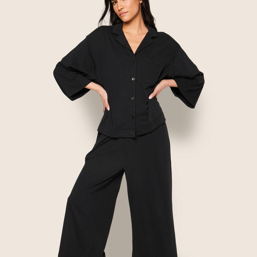 The Olivia Wide Leg Pima Pajama Set in Black
