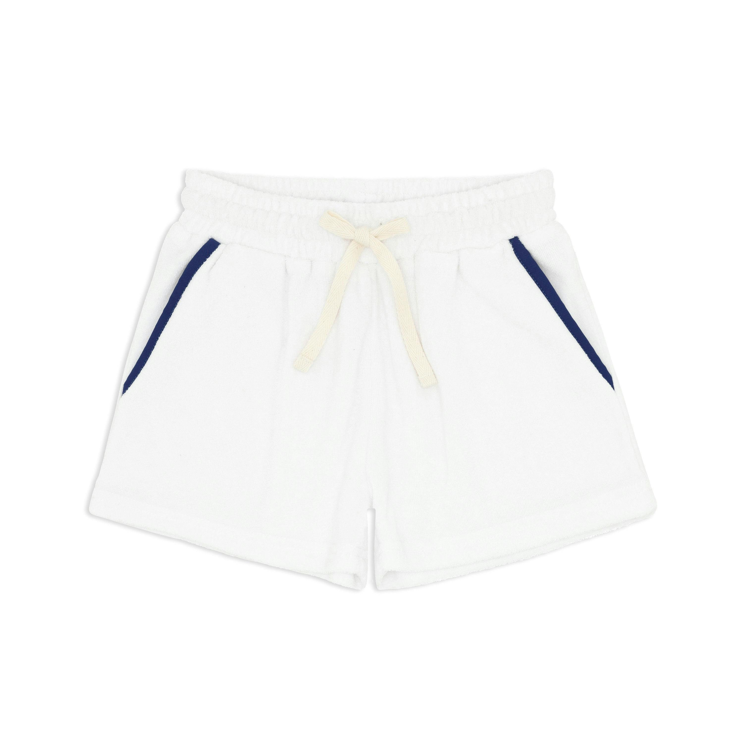 Boys White French Terry Shorts With Navy Trim