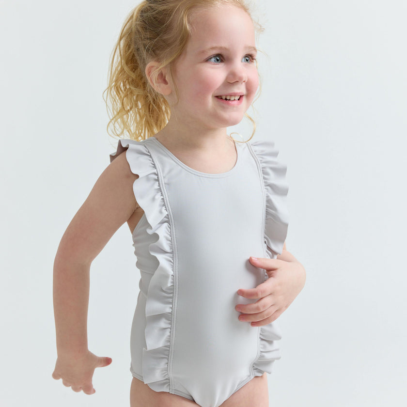 girls dove grey ruffle one piece