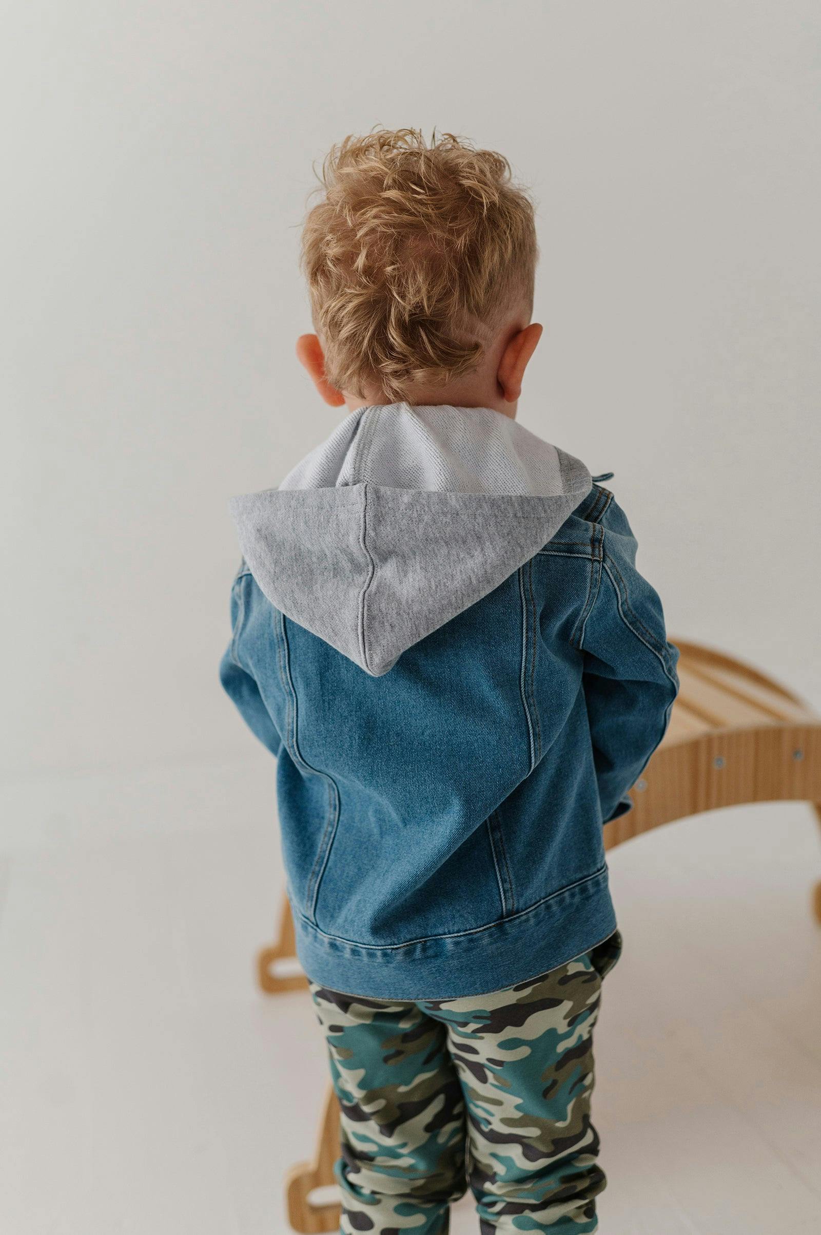 Boys Hooded Denim Jacket in Mid Blue Wash