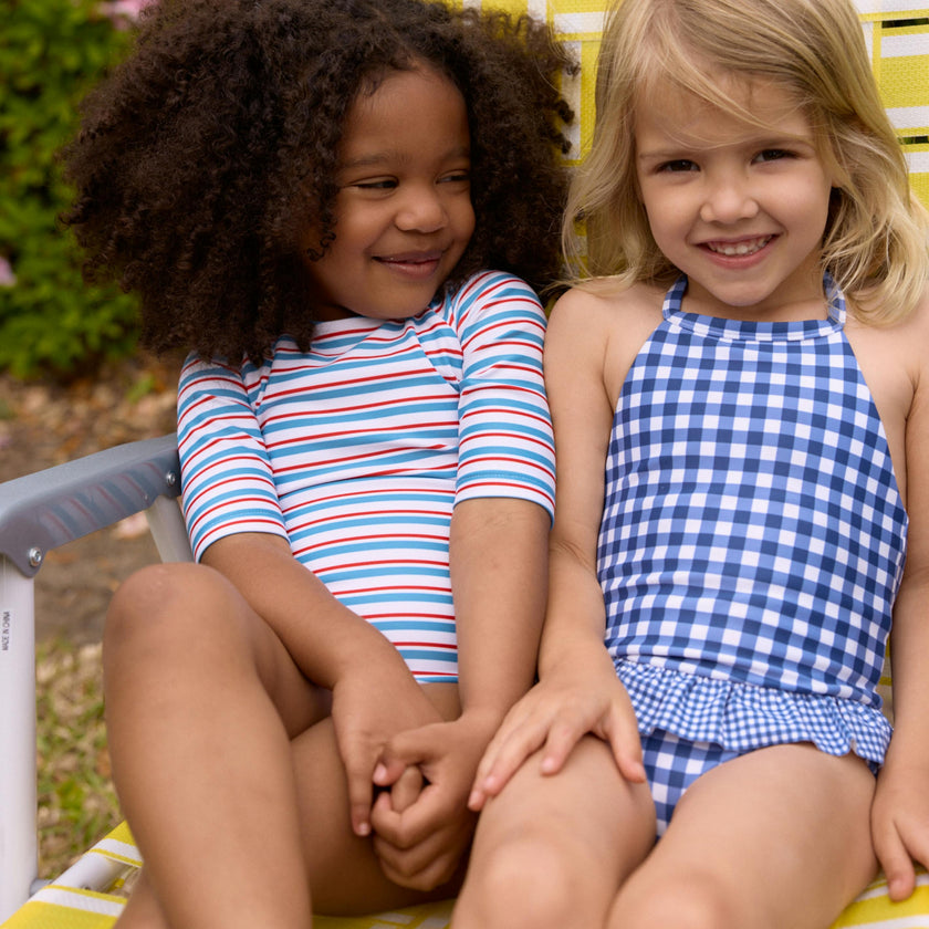 girls navy picnic gingham ruffle halter one piece