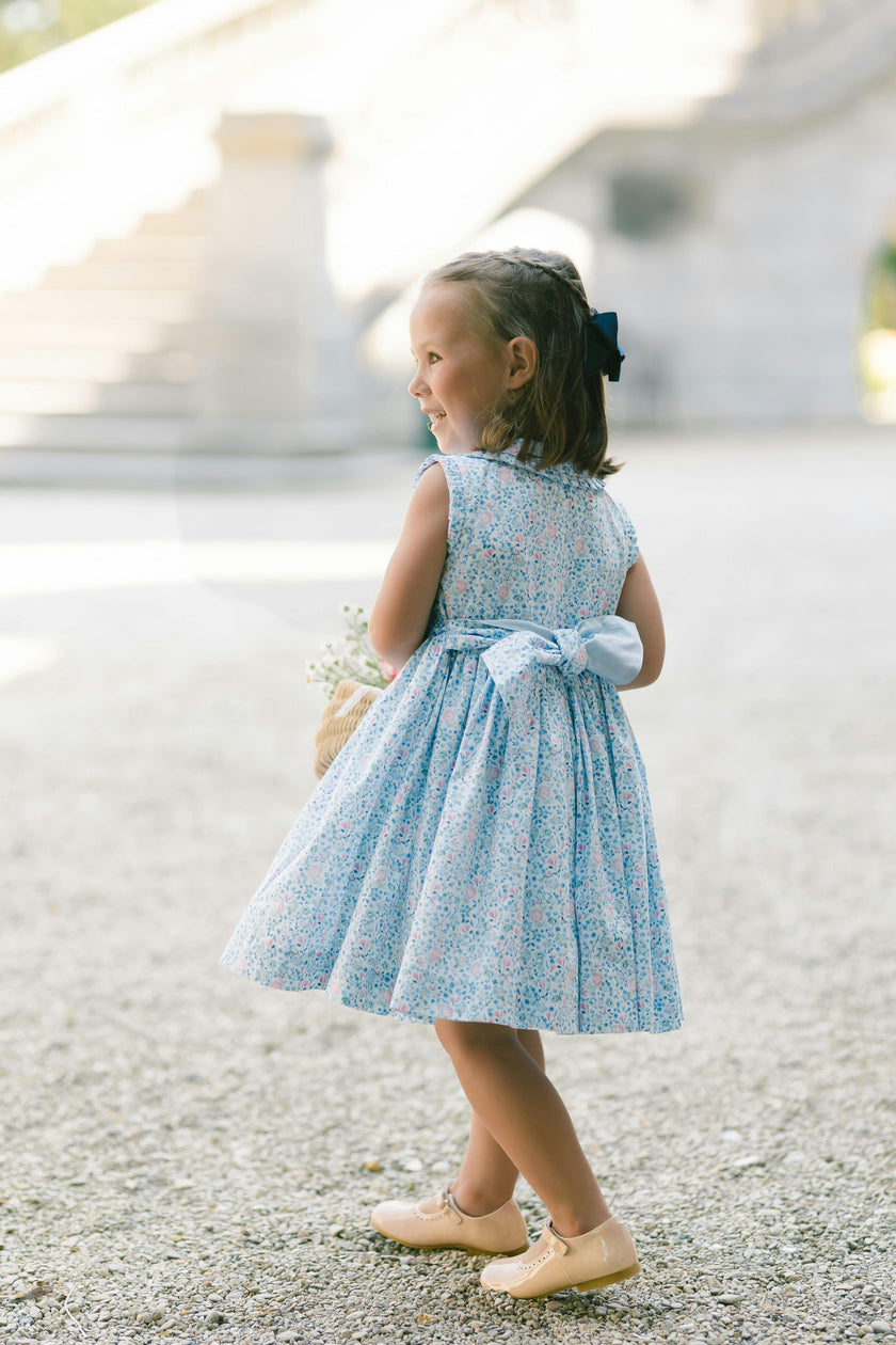 Olympe Blue Floral Sleeveless Smocked Dress