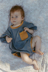 Cory Pocket Romper in Thin Stone Blue Mustard Stripe