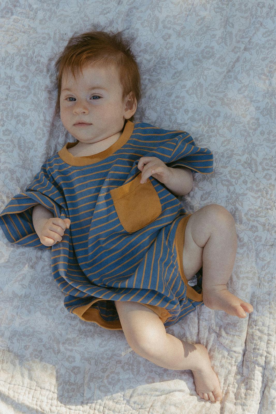 Cory Pocket Romper in Thin Stone Blue Mustard Stripe