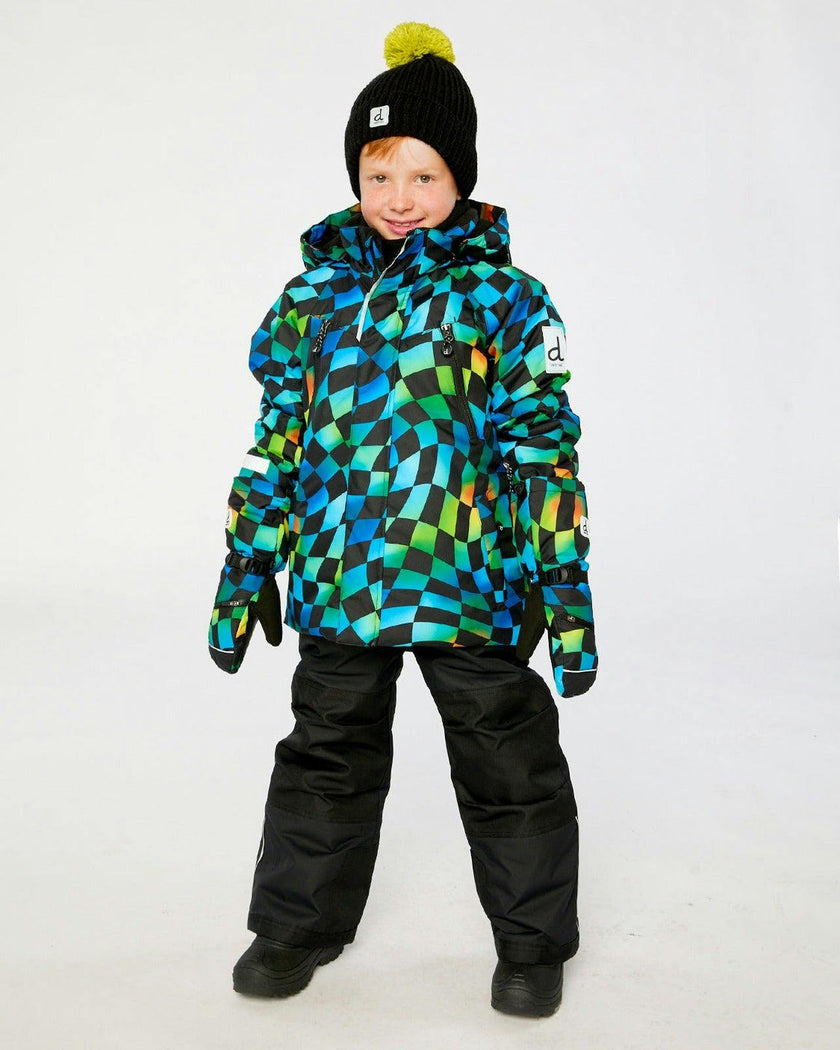 Two Piece Play Snowsuit Green Yellow And Blue Checkerboard With Black Pants