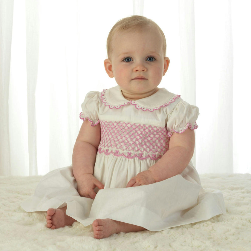 Bow Scalloped Collar Puff Sleeve Smocked Dress