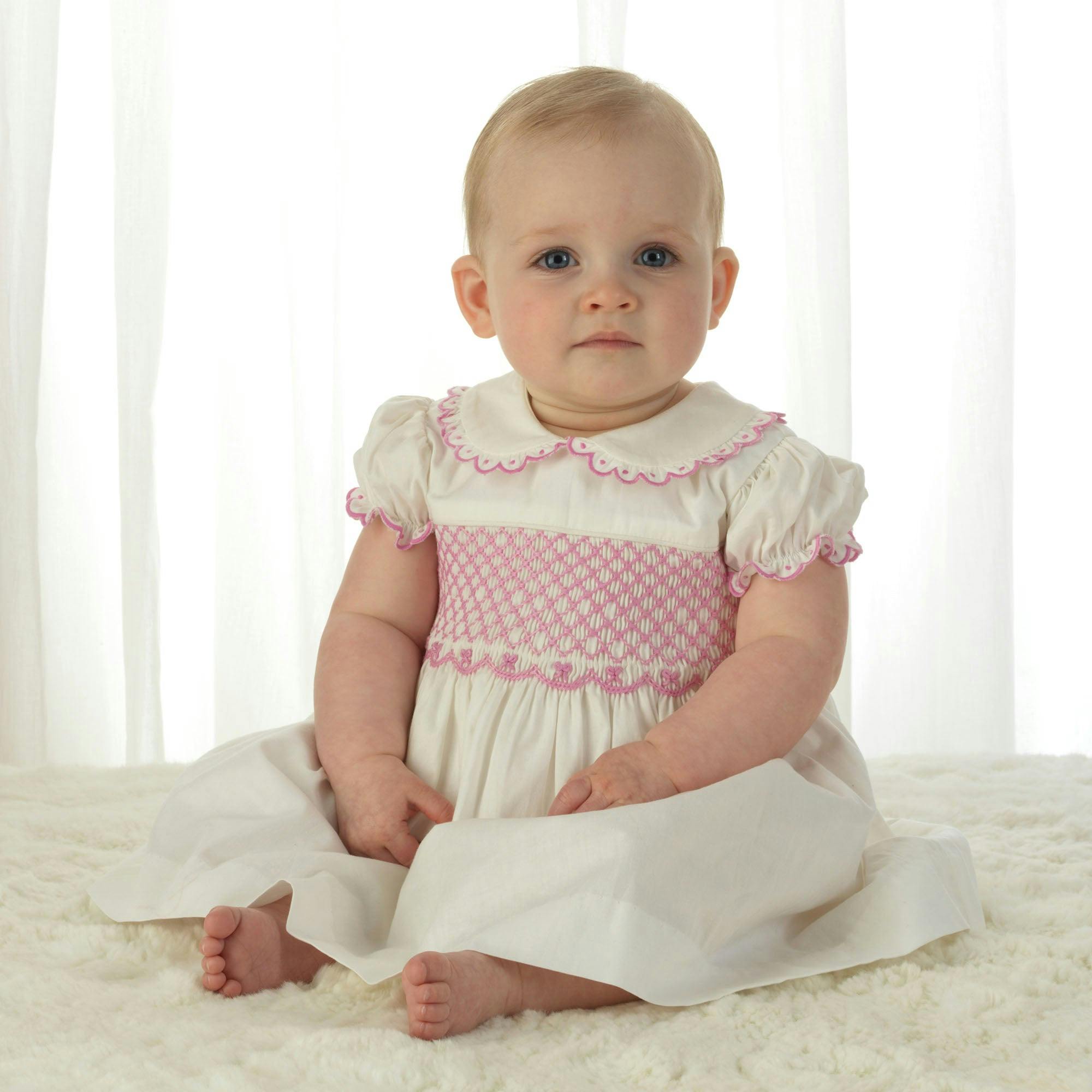Bow Scalloped Collar Puff Sleeve Smocked Dress