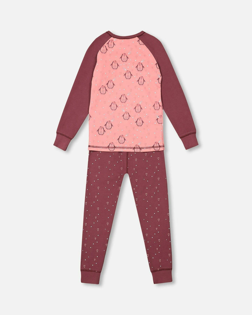 Organic Cotton Long Sleeve Two Piece Printed Penguins Pajama Set Pink