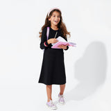 Obsidian Black Bamboo Terry Daywear Girls' Long Sleeve Dress