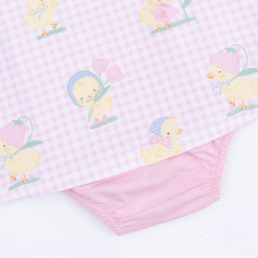 Vintage Spring Ducklings Pink - A-Line Bodysuit Dress