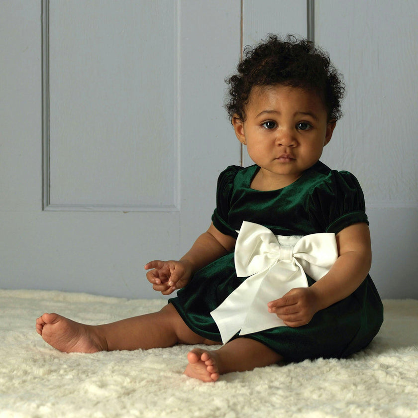 Baby Green Velvet Contrast Bow Dress