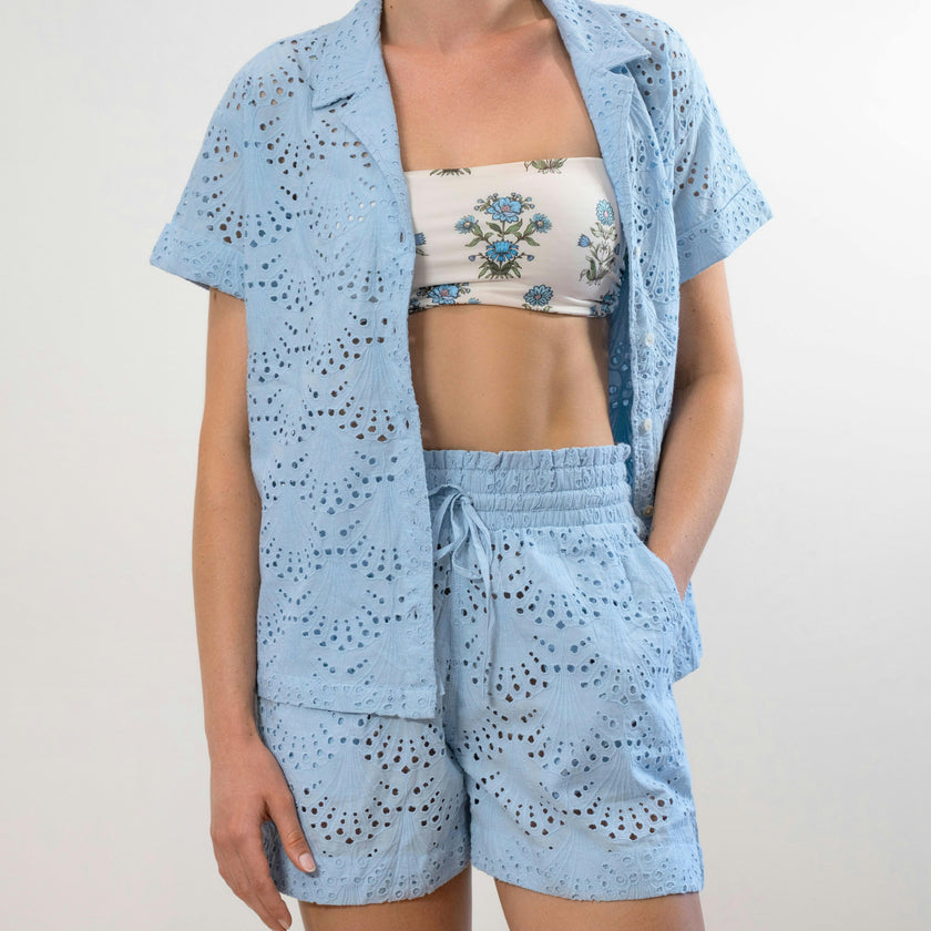Dakota Eyelet Button Up Shirt in Powder Blue