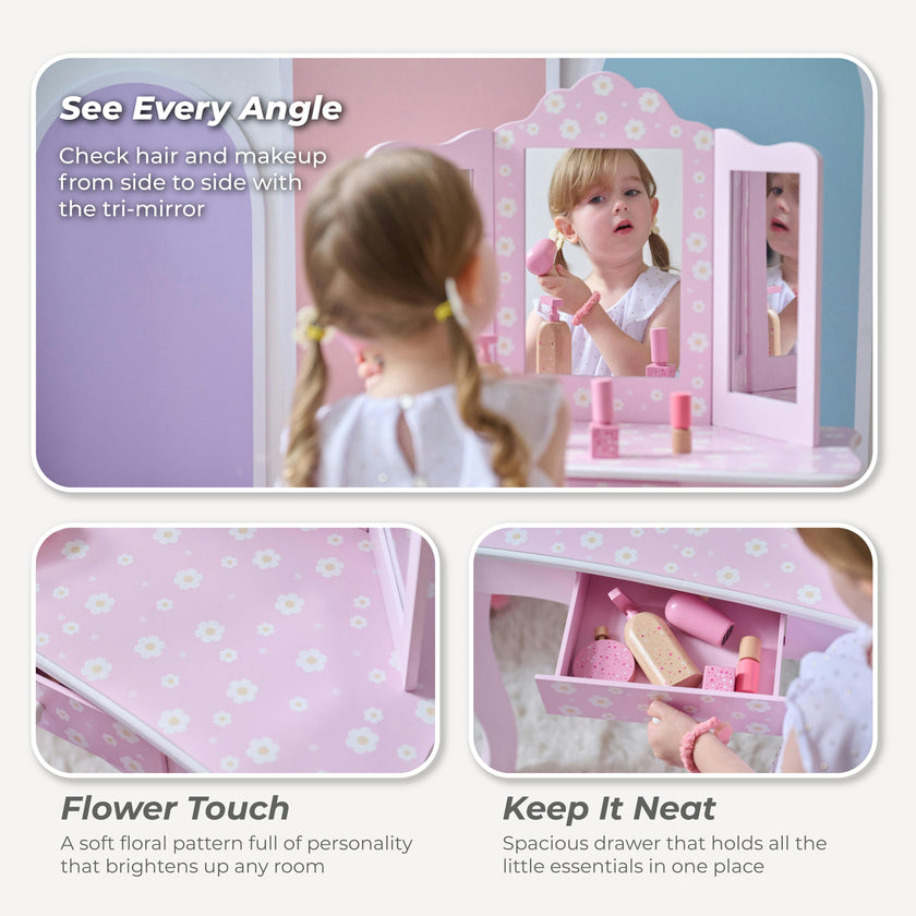 Daisy Gisele Wood Vanity with Tri-Fold Mirror and Drawer, Pink