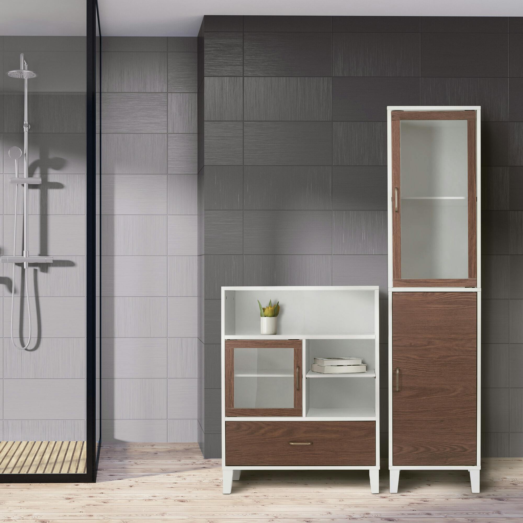 Tyler Modern Wooden Linen Tower Tall Storage Cabinet with Two Doors for Bathrooms or Hallways