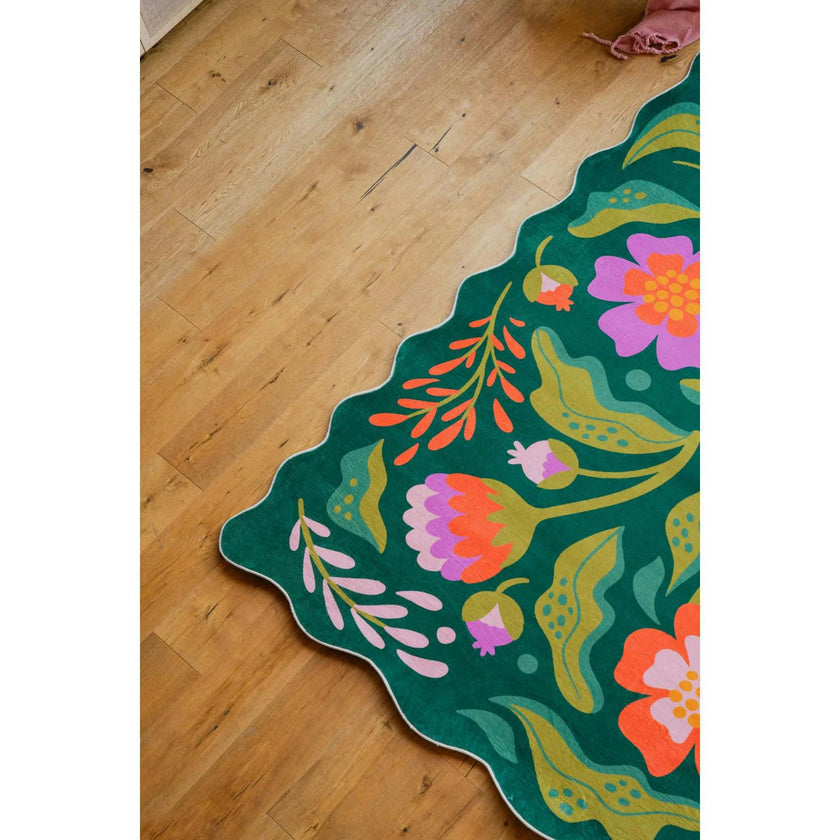 Green Base Pink Floral Wavy Rug by Jessica Miller