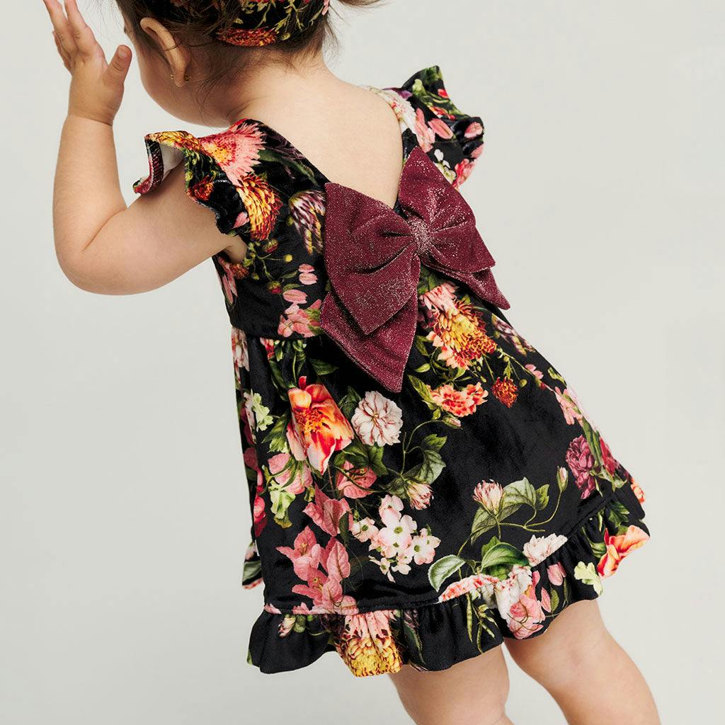 Posh Botanica Velour Bow Back Ruffled Dress Bummie Set