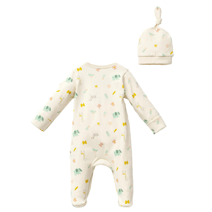 Cream Animal Print Babygrow & Hat