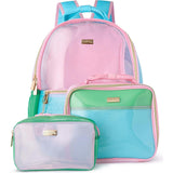 Colorblock Clear Backpack by Packed Party | Pink Glitter Panel, Blue Bow, Cherry Bag Charm | 17" Cute Backpack for Girls