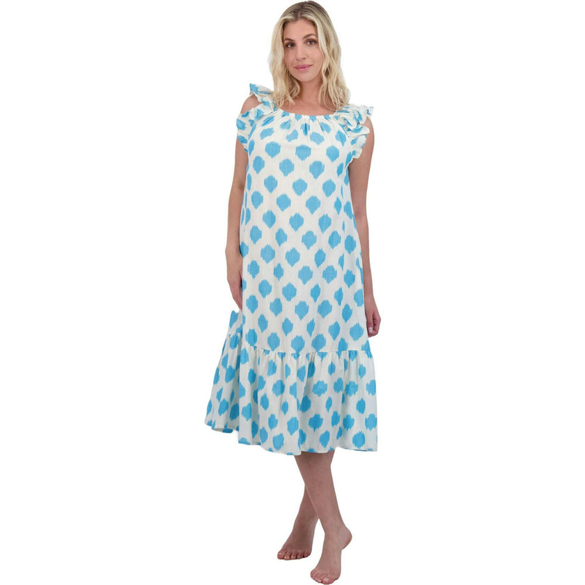 Eva Women's Ruffle Sundress Cream Aqua Ikat, Blue