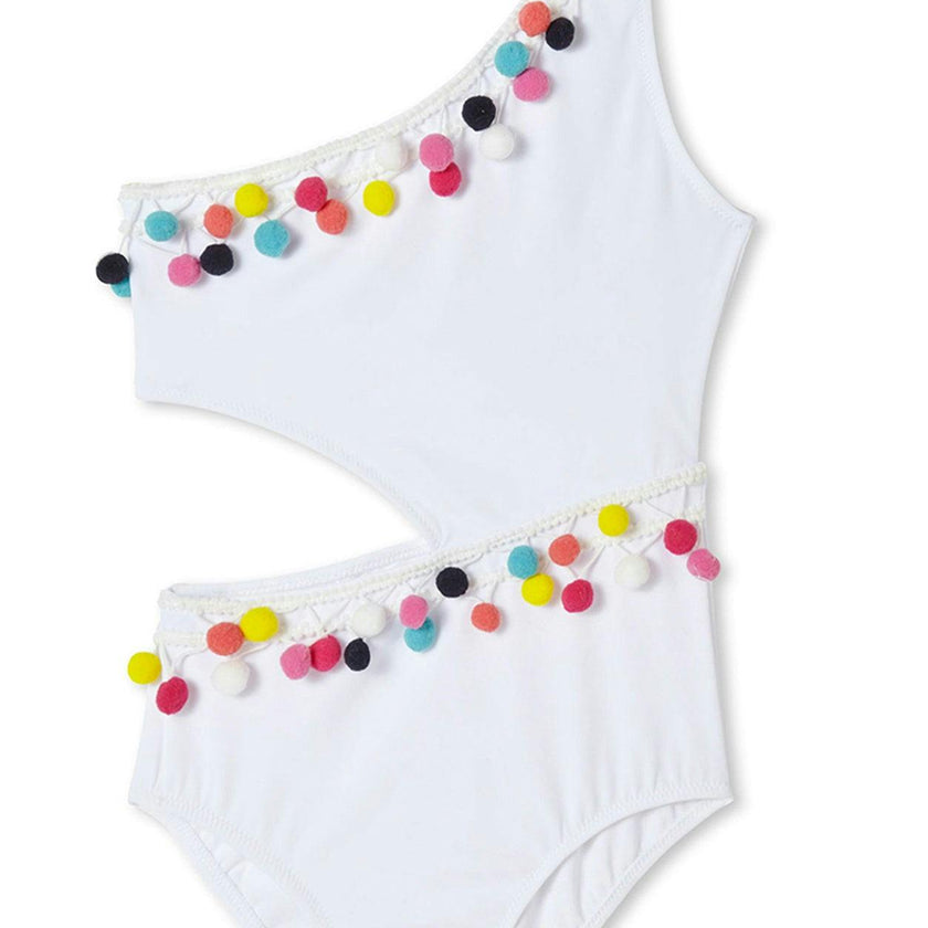 Pom Pom Trim Side-Cut One Shoulder Sleeveless Swimsuit