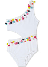 Pom Pom Trim Side-Cut One Shoulder Sleeveless Swimsuit