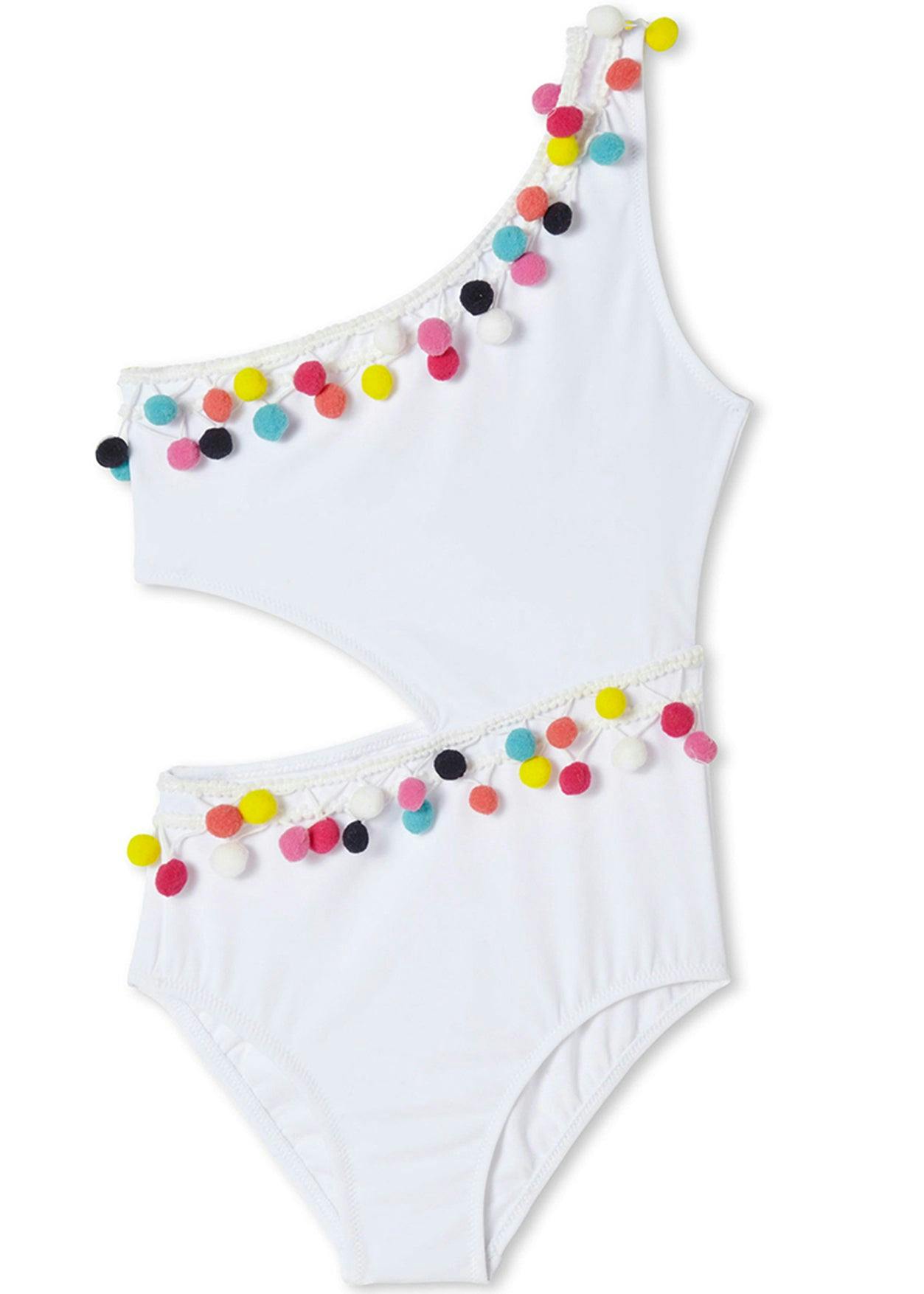 Pom Pom Trim Side-Cut One Shoulder Sleeveless Swimsuit