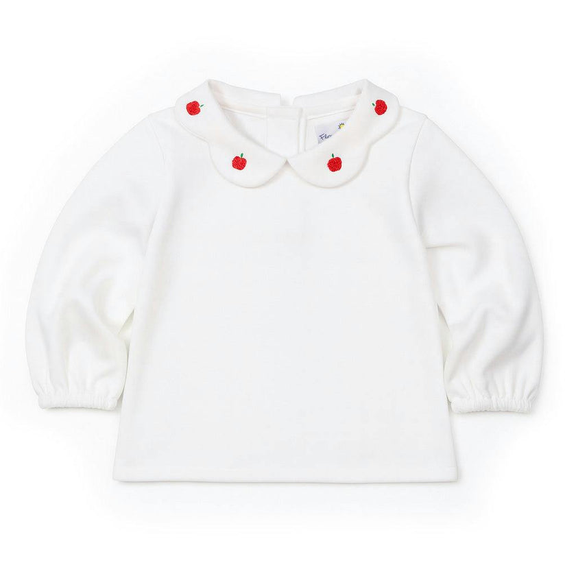 White Knit Blouse With Embroidered Apples