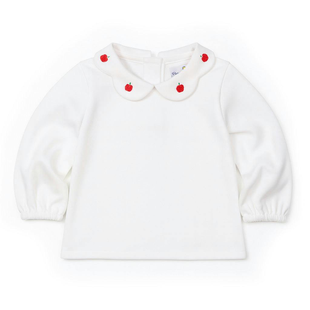 White Knit Blouse With Embroidered Apples