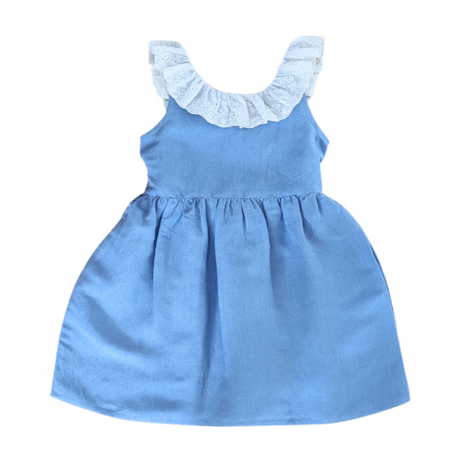 Blue Linen Lace Collar Dress