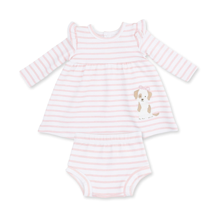 Stripe Puppy - Long Sleeve Dress with Ruffle and Bloomer (2T-4T Dress Only)