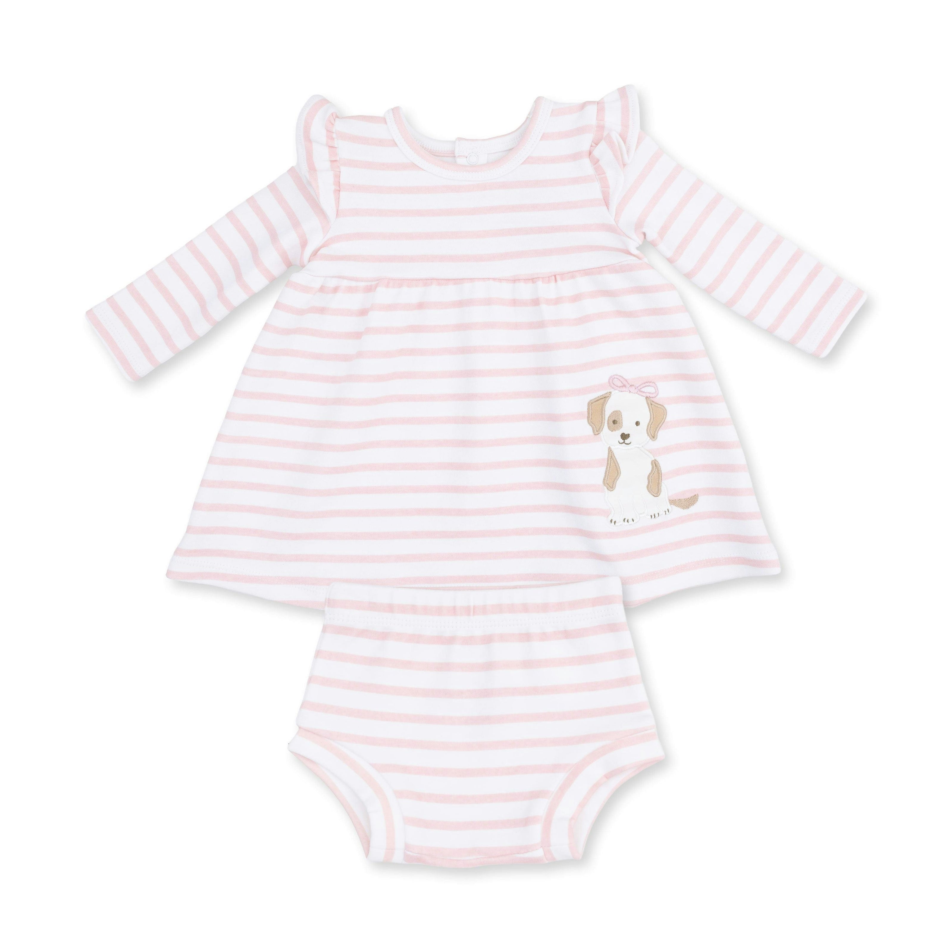 Stripe Puppy - Long Sleeve Dress with Ruffle and Bloomer (2T-4T Dress Only)